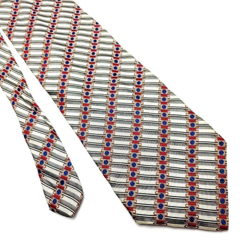 Audrey Buckner Grey &‎ Red Silk Tie Woven Wide Striped